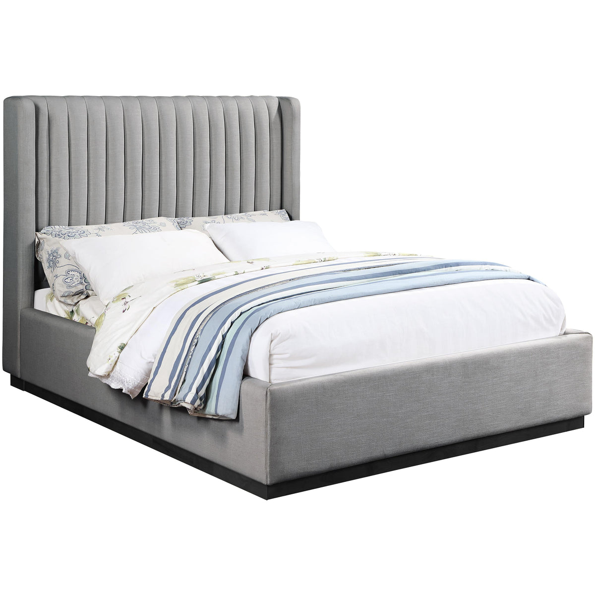 Meridian Logan Grey Linen Textured Fabric Queen Bed
