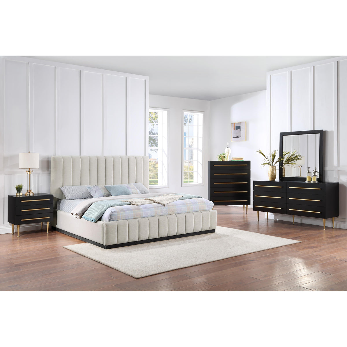 Meridian Lucia Beige Linen Textured Fabric King Bed