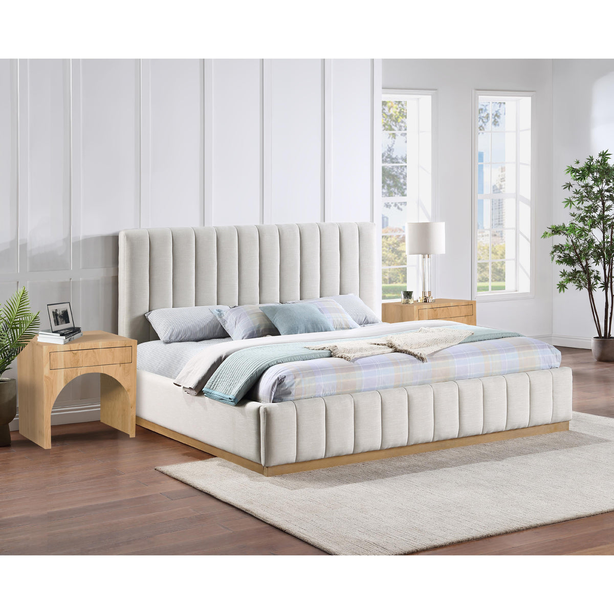 Meridian Lucia Cream Linen Textured Fabric King Bed