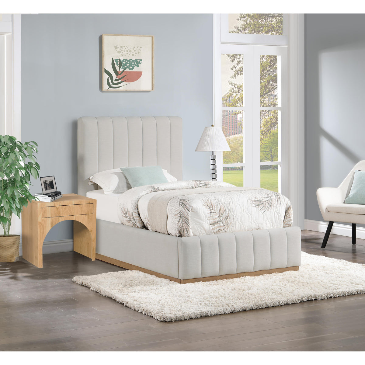 Meridian Lucia Cream Linen Textured Fabric Twin Bed