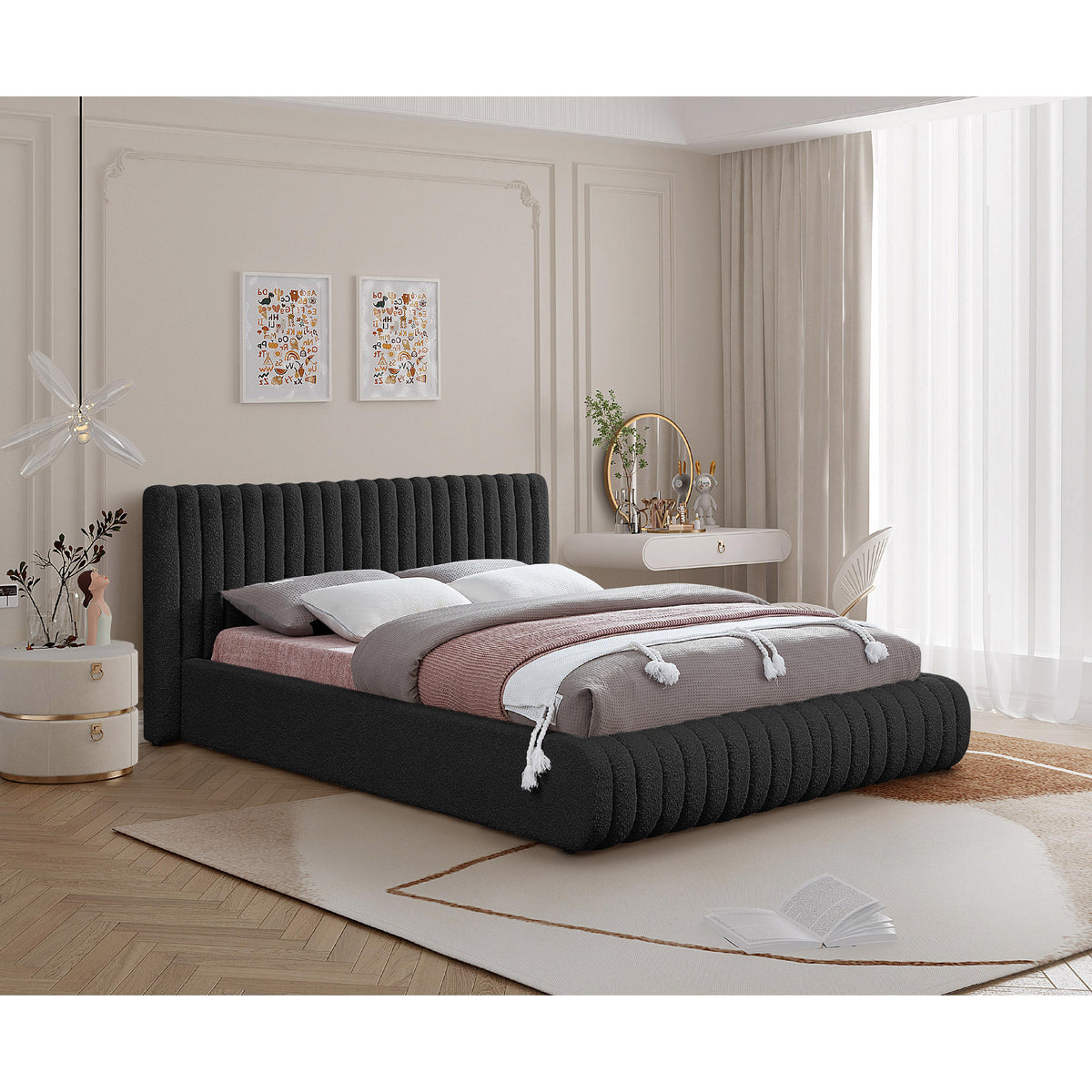 Meridian Nash Black Boucle Fabric Full Bed