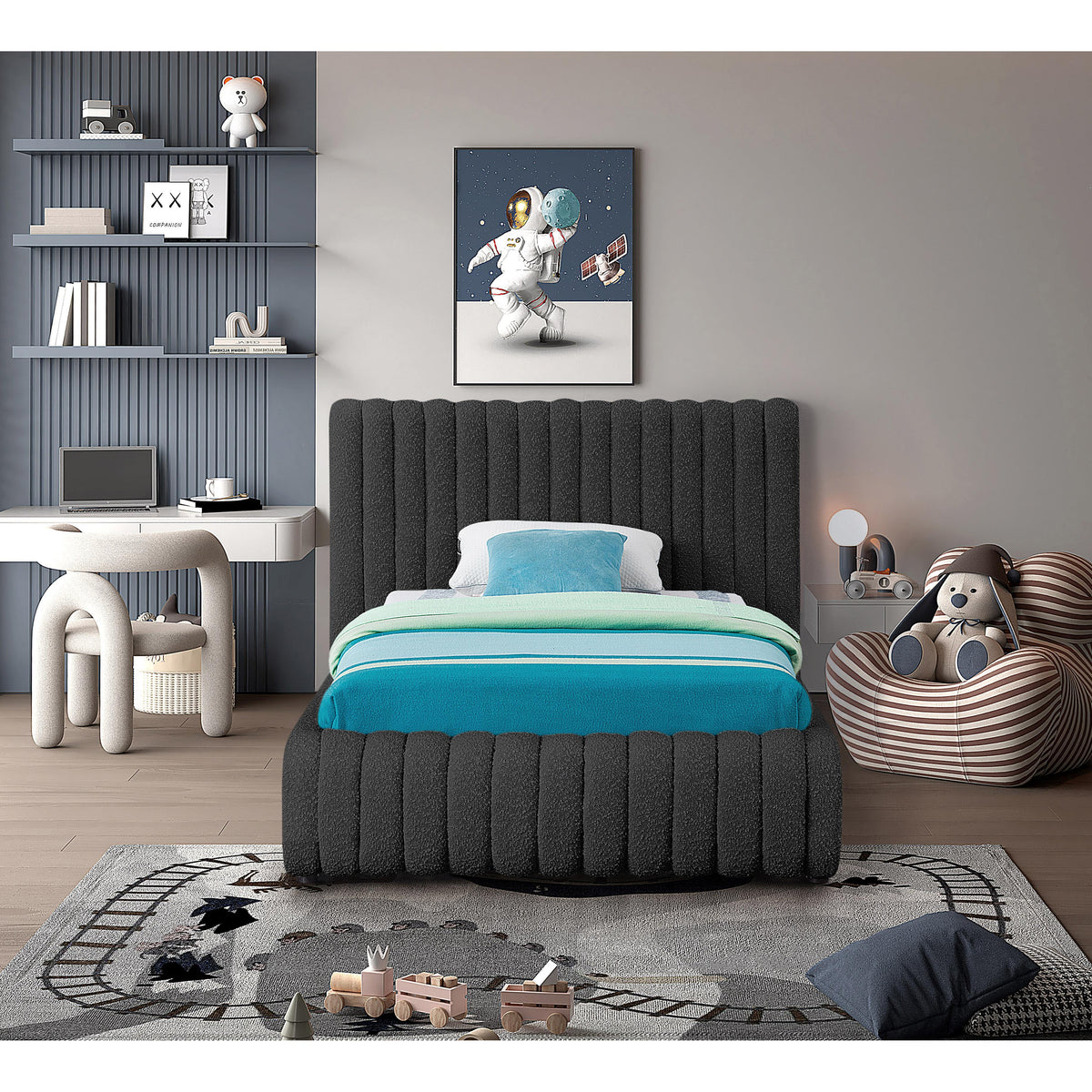 Meridian Nash Black Boucle Fabric Twin Bed