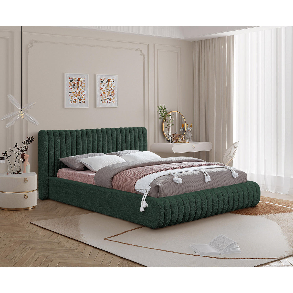 Meridian Nash Green Boucle Fabric King Bed
