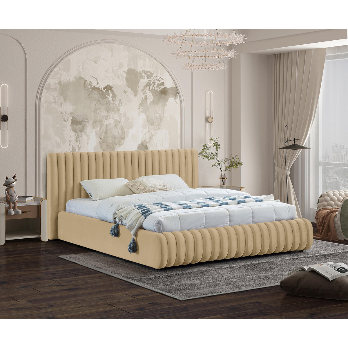 Meridian Nico Camel Velvet Queen Bed