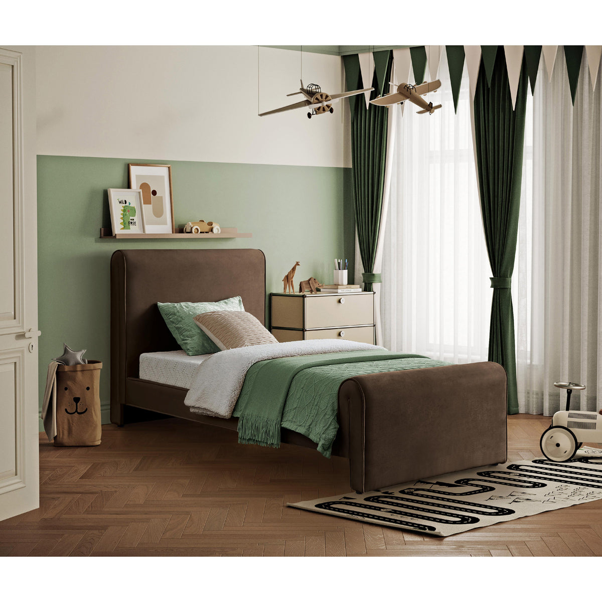 Meridian Sloan Brown Velvet Twin Bed (3 Boxes)