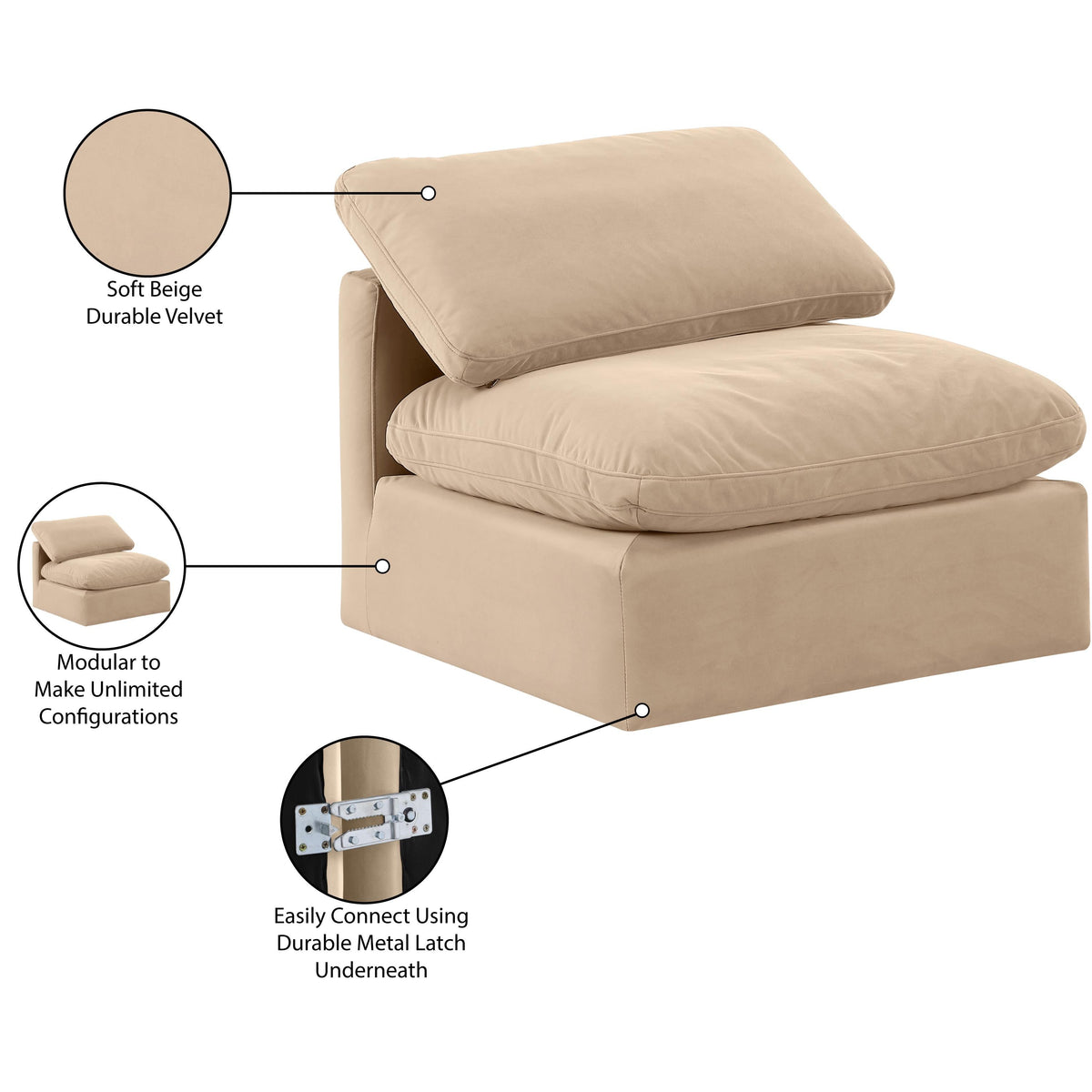 Meridian Indulge Beige Velvet Armless Chair