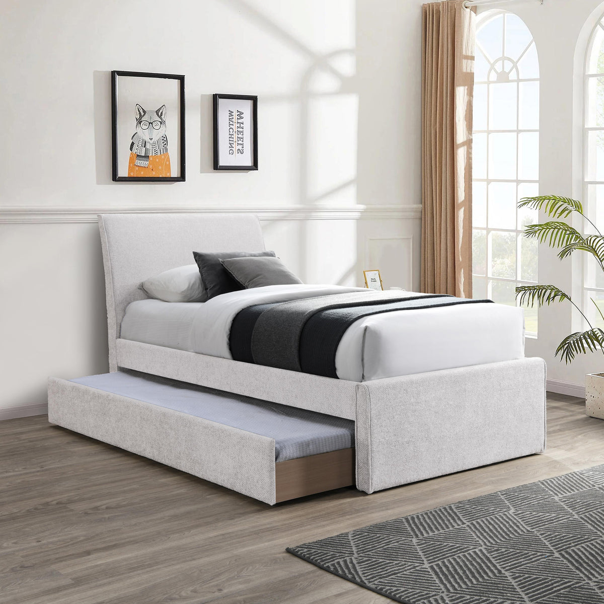 Meridian Myles Cream Chenille Fabric Twin Trundle Bed