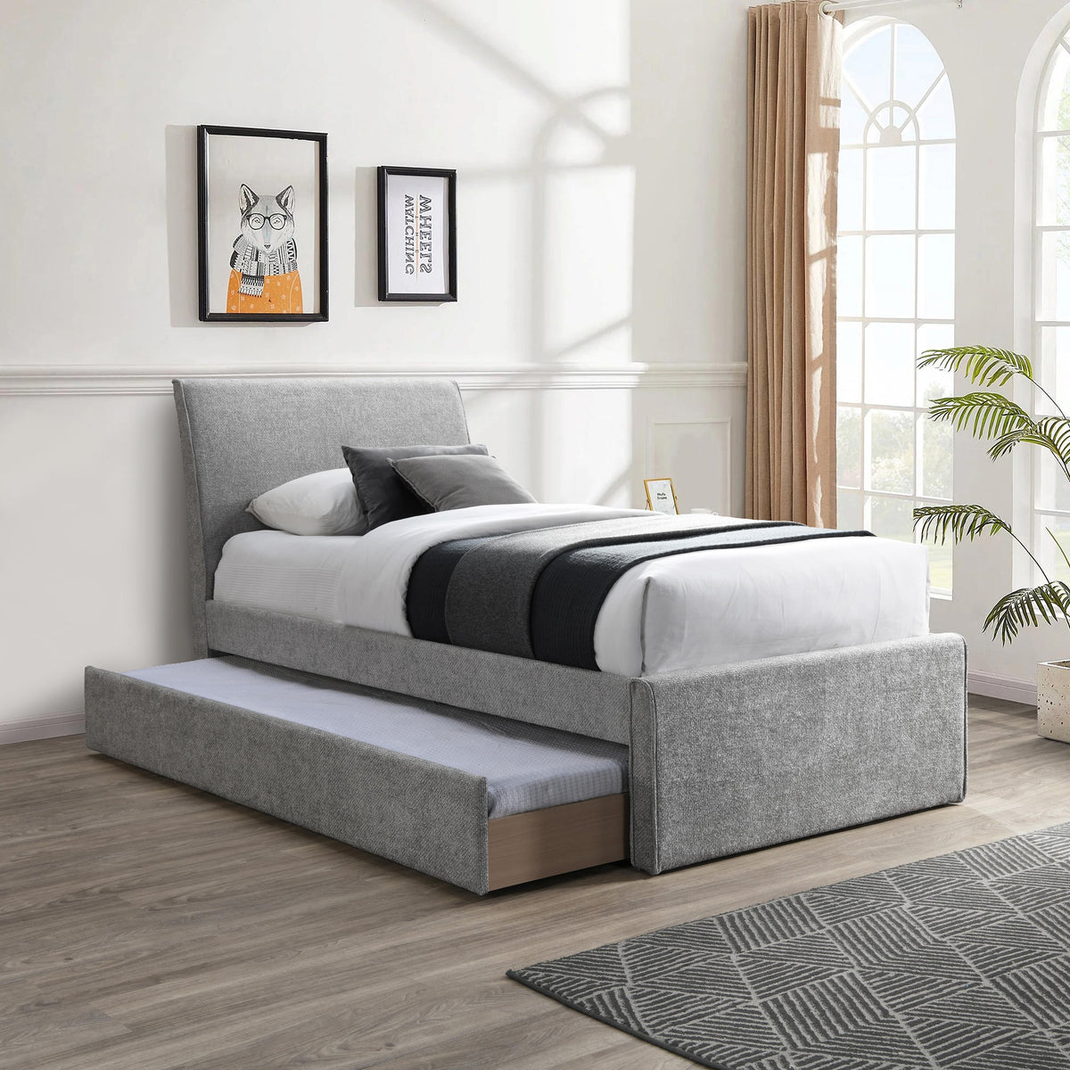 Meridian Myles Grey Chenille Fabric Twin Trundle Bed