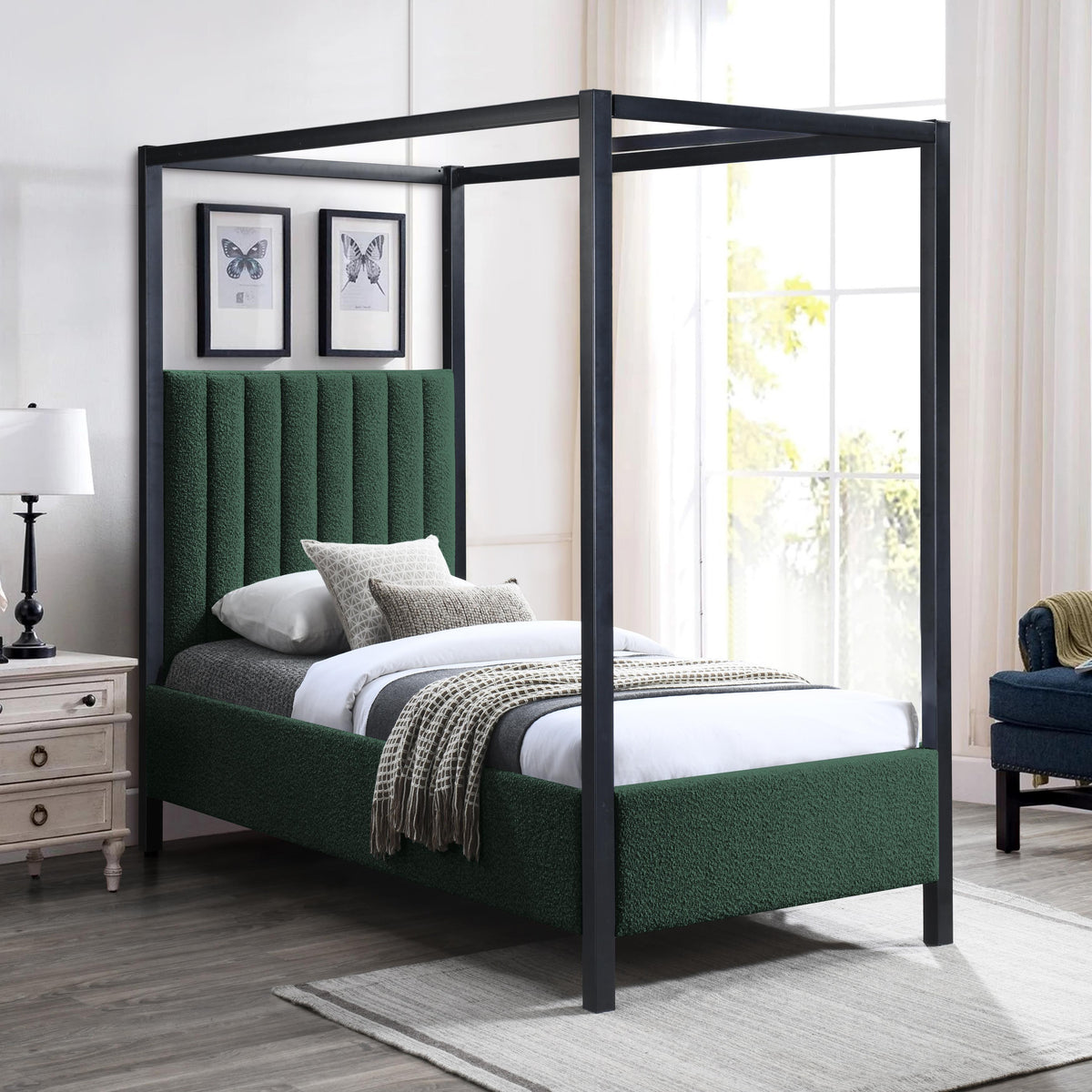Meridian Kelly Green Boucle Fabric Twin Bed (3 Boxes)