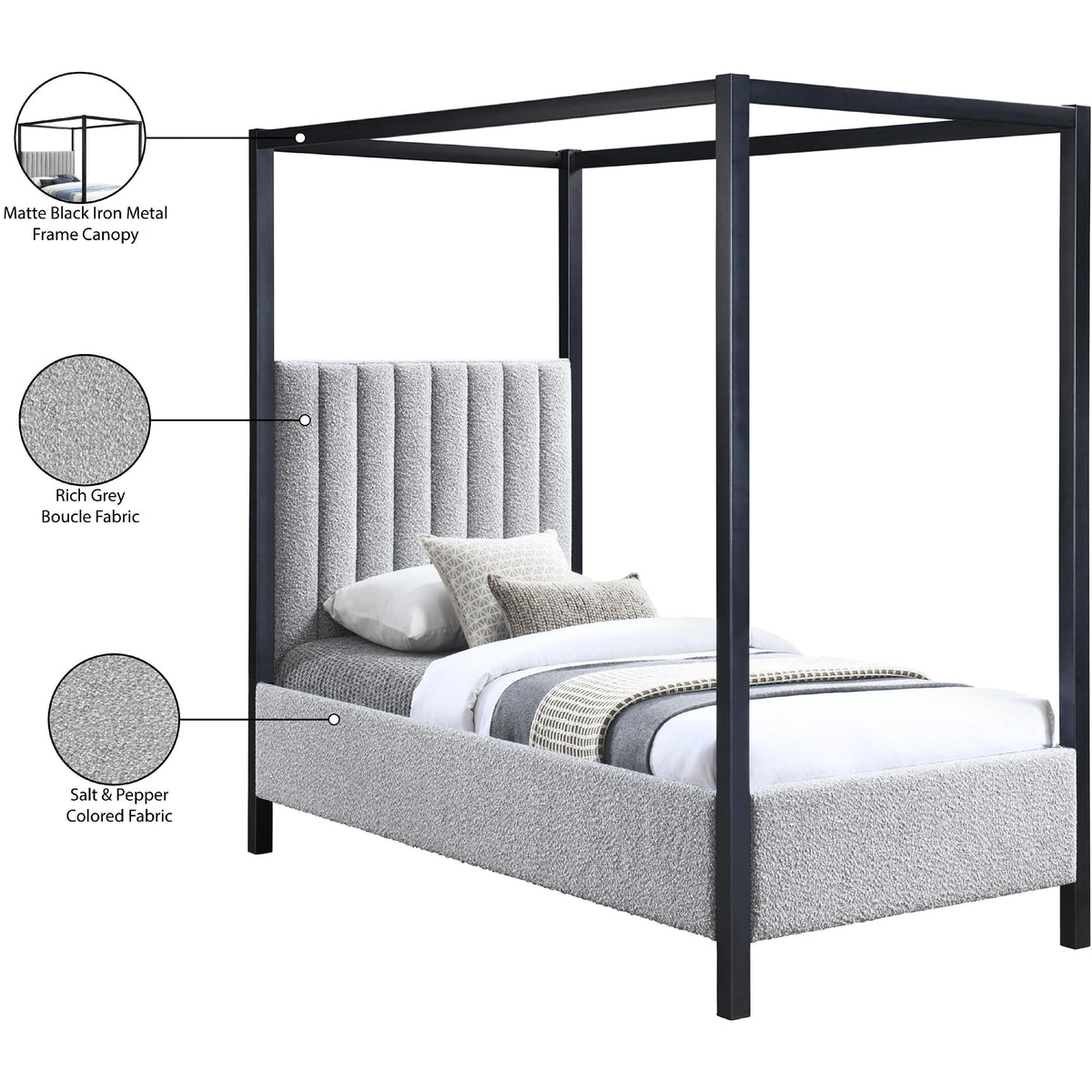 Meridian Kelly Grey Boucle Fabric Twin Bed (3 Boxes)