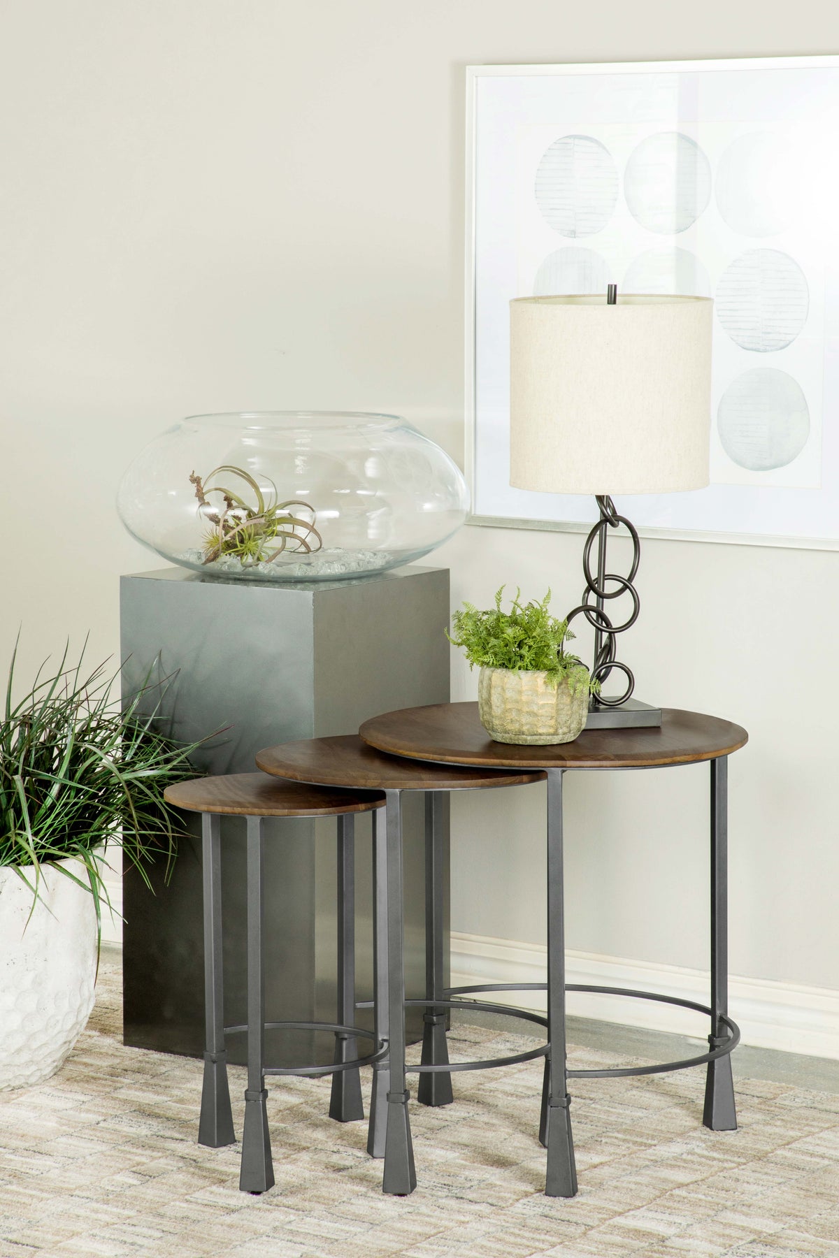 Deja Round Nesting Table Set Natural and Gunmetal