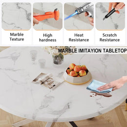 Round Dining Table Set, White Marble Dining Table & Velvet Dining Chairs with Stainless Steel Pedestal, 45" Dining Room Table and Chairs Set, Luxury Dining Table Set (Blue/Silver)