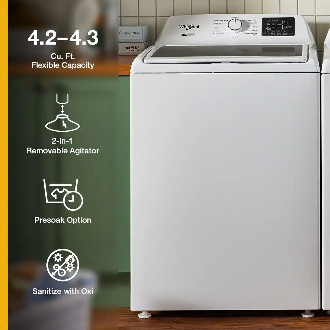 Package - Whirlpool - 4.3 Cu. Ft. High-Eficiency Top Load Washer with 2-in-1 Removable Agitator and Soft Close Glass Lid and 7.0 Cu. Ft. Gas Dryer with Adaptive Dry - Vented Matching - White