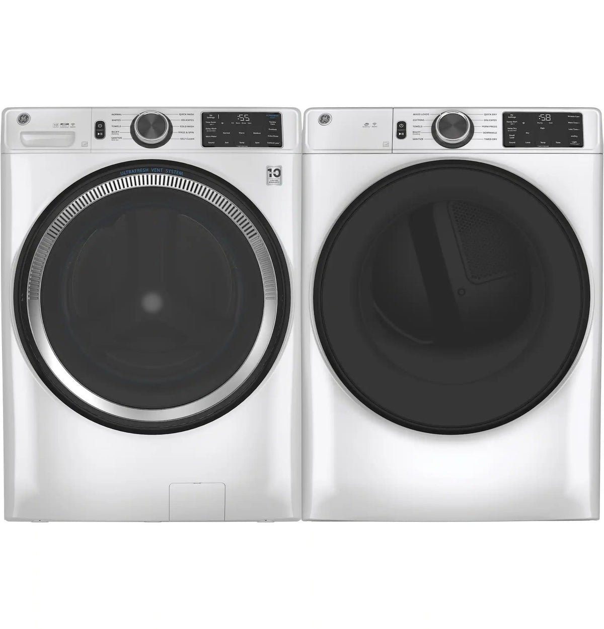 Package - GE - 4.8 Cu. Ft. High-Efficiency Stackable Smart Front Load Washer w/ Odorblock Ultra Fresh Vent System & Microban Technology and 7.8 Cu. Ft. Stackable Smart 10-Cycle Electric Dryer - White