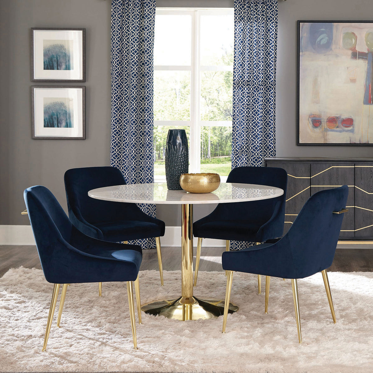 Kella  Round Marble Top Dining Set White and Gold