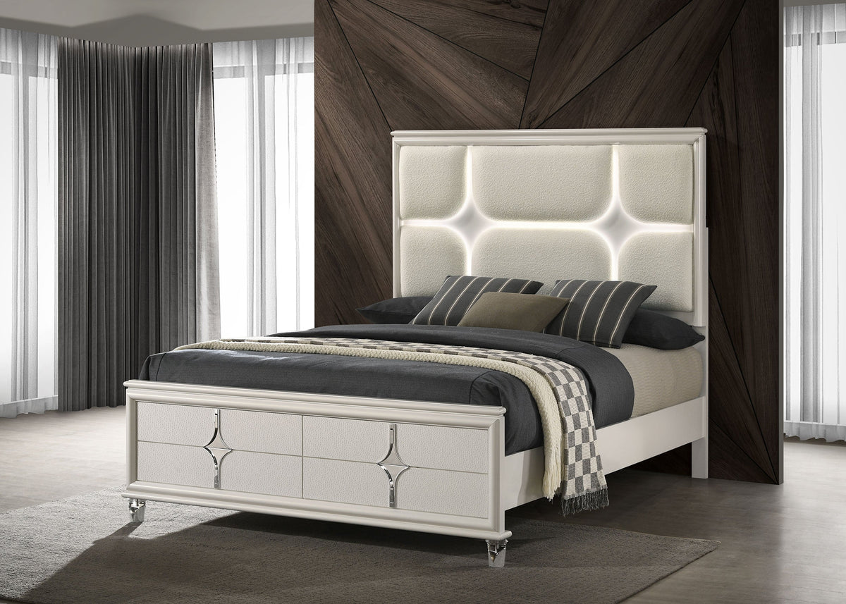 Olivia California King Panel Bed LED Headboard Pearl White