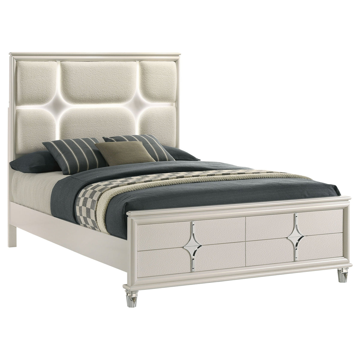 Olivia California King Panel Bed LED Headboard Pearl White