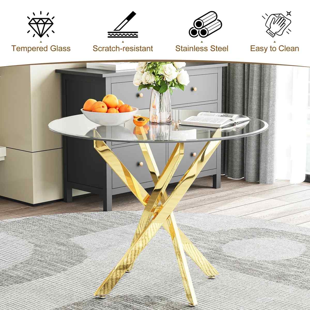 36" Round Glass Dining Set, Modern Velvet Upholstered Chairs with Cross Stainless Steel Base (Blue)