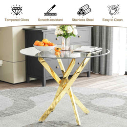 36" Round Glass Dining Set, Modern Velvet Upholstered Chairs with Cross Stainless Steel Base (Black)