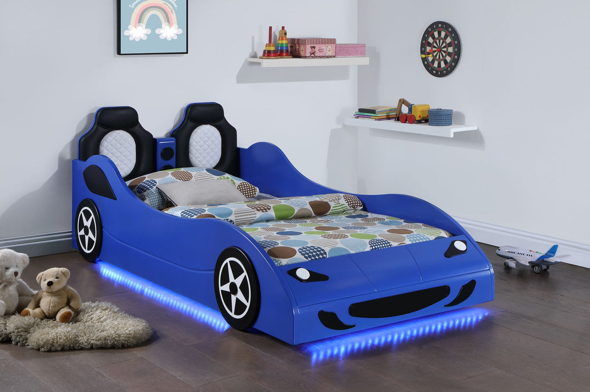 Cruiser Wood  LED Race Car Bed and 7-inch Mattress Blue