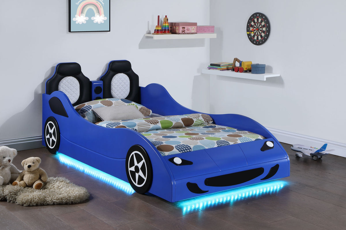 Cruiser Wood  LED Race Car Bed and 7-inch Mattress Blue