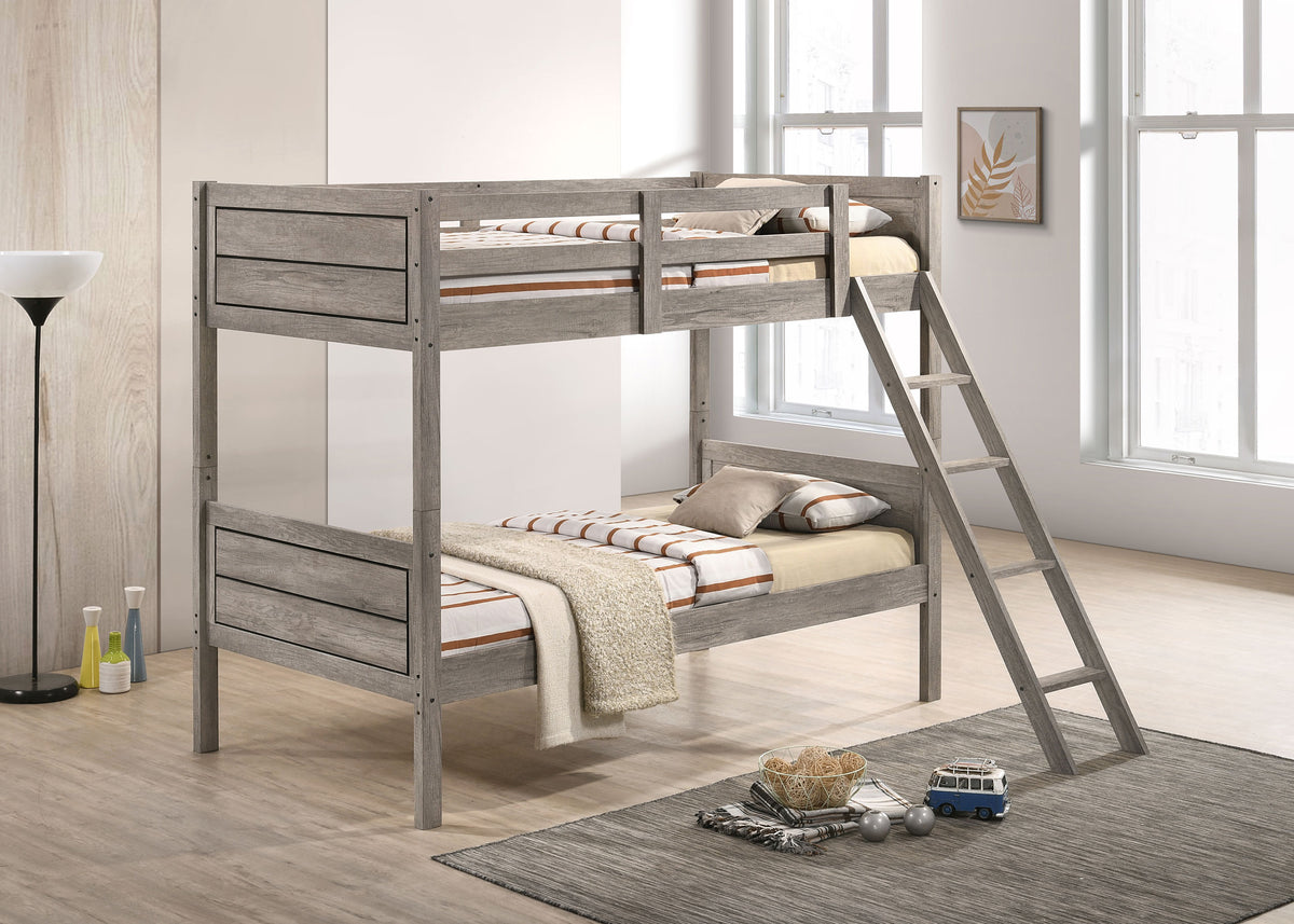 Ryder Wood Twin Over Twin Bunk Bed with Mattress Weathered Taupe