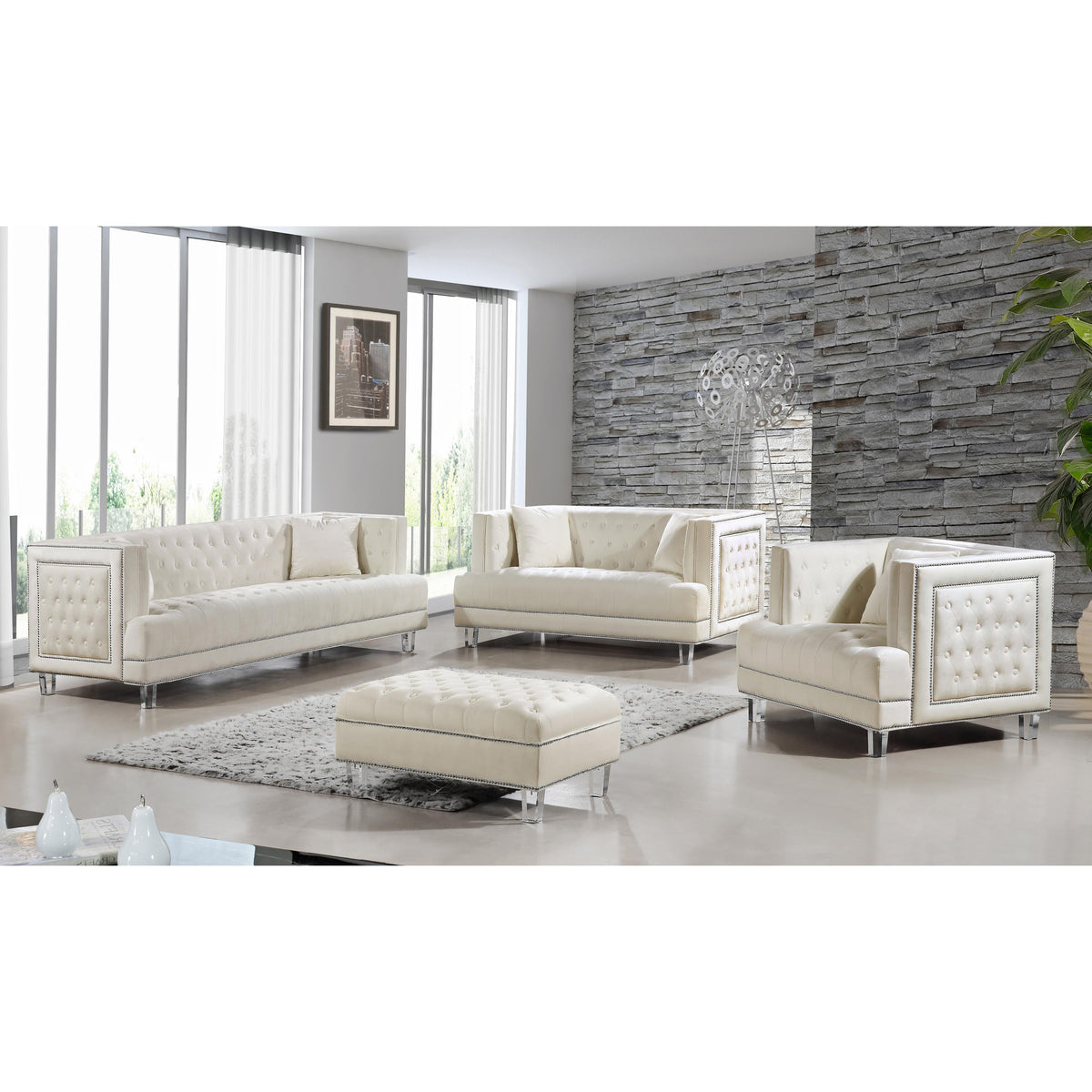 Meridian Lucas Cream Velvet Ottoman