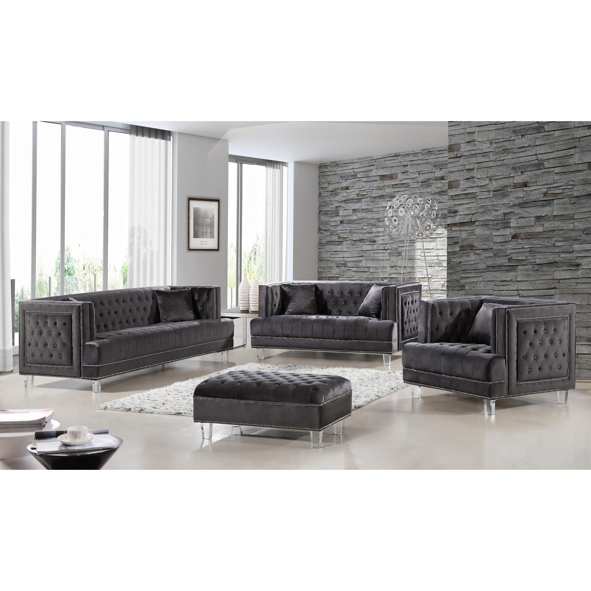 Meridian Lucas Grey Velvet Ottoman