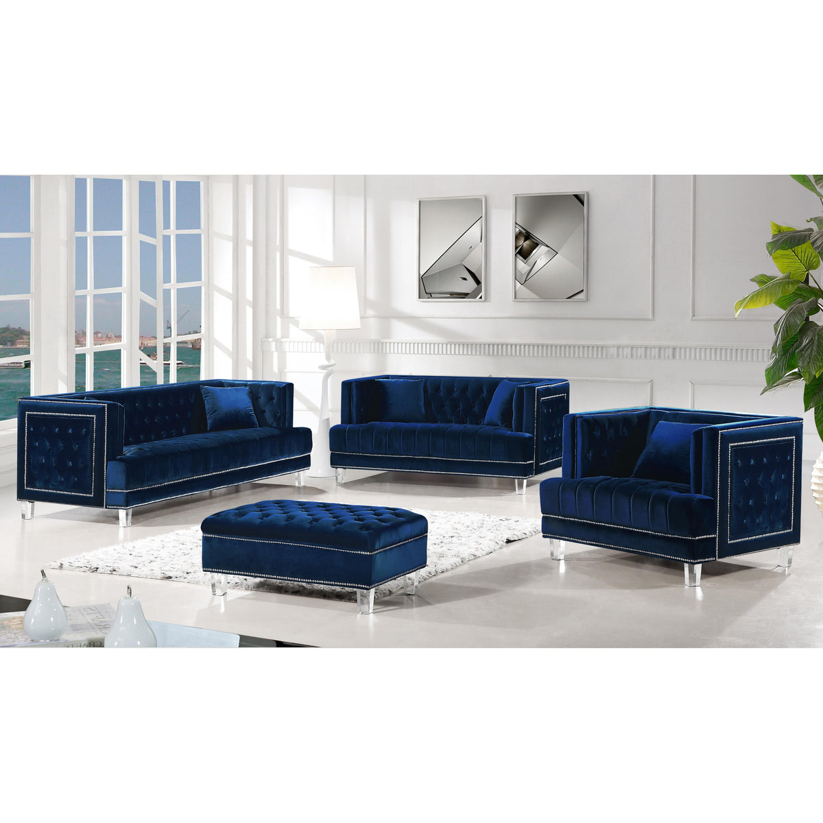 Meridian Lucas Navy Velvet Ottoman