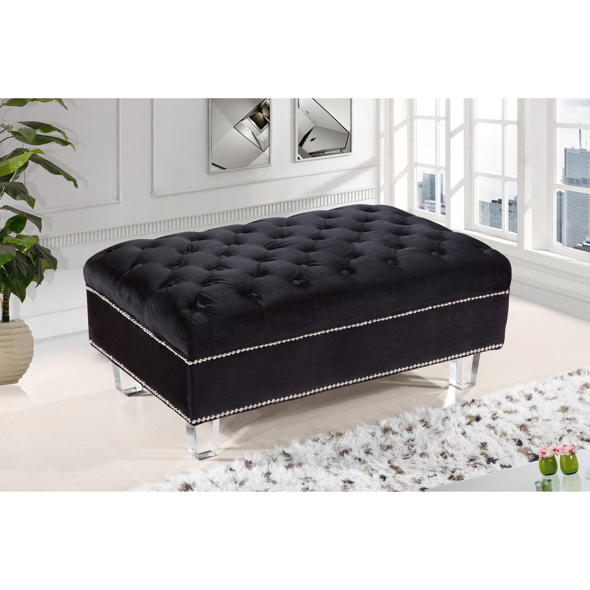 Meridian Lucas Black Velvet Ottoman