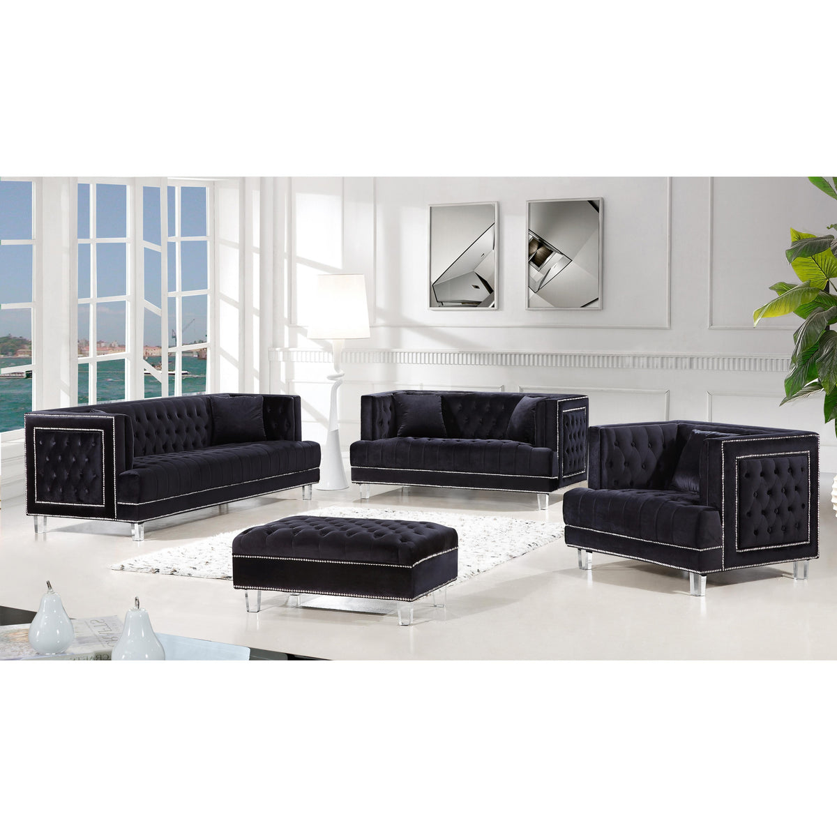 Meridian Lucas Black Velvet Ottoman