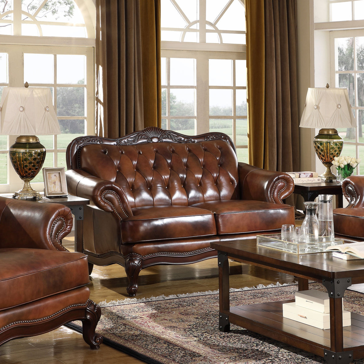 Victoria  Leather Upholstered Rolled Arm Loveseat Brown
