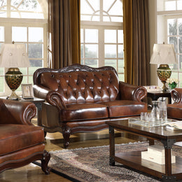 Victoria  Leather Upholstered Rolled Arm Loveseat Brown
