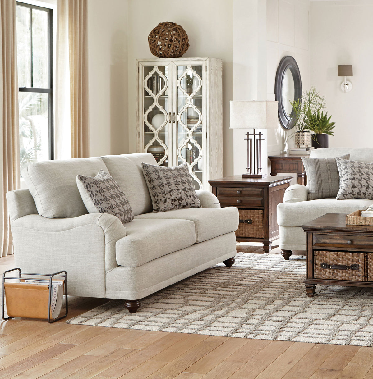 Glenn Upholstered English Arm Loveseat Light Grey and Blue