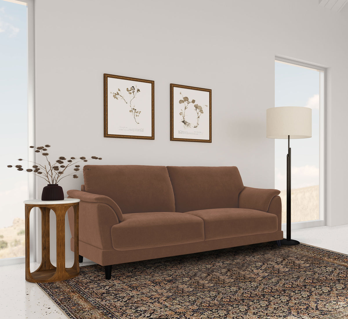 Selma Velvet Upholstered Crescent Arm Sofa Rust