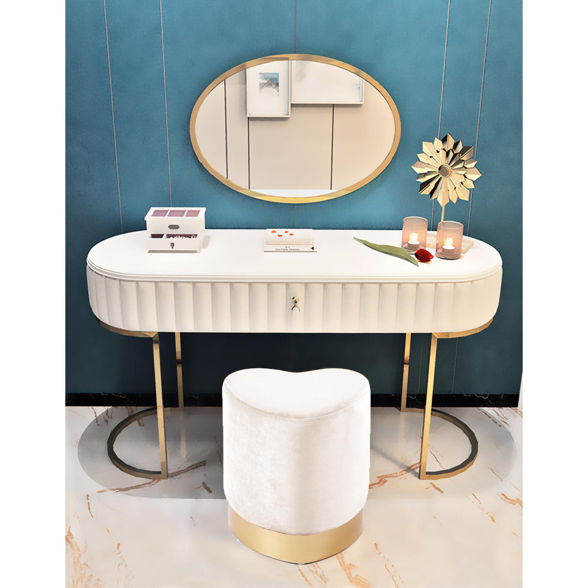 Meridian Heart Cream Velvet Ottoman/Stool