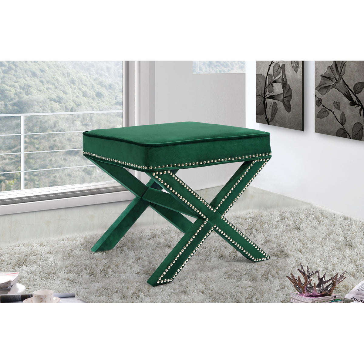 Meridian Nixon Green Velvet Ottoman/Bench