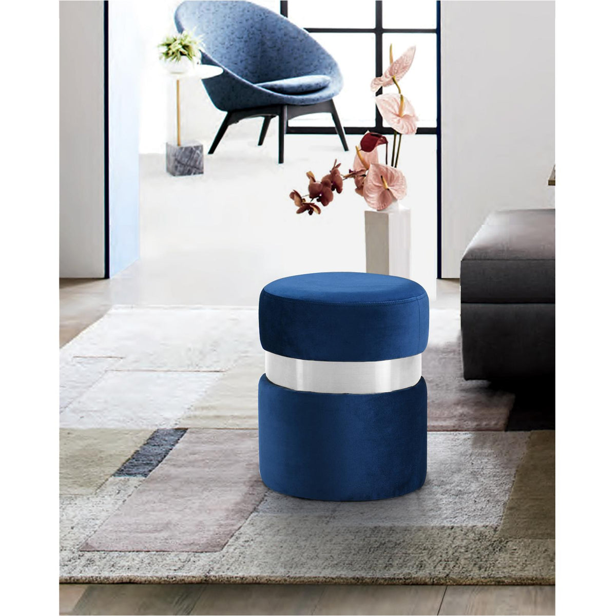 Meridian Hailey Navy Velvet Ottoman/Stool