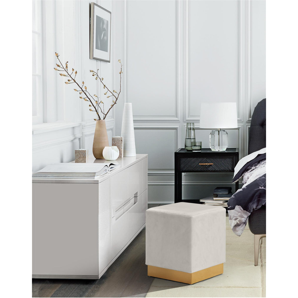 Meridian Jax Cream Velvet Ottoman/Stool