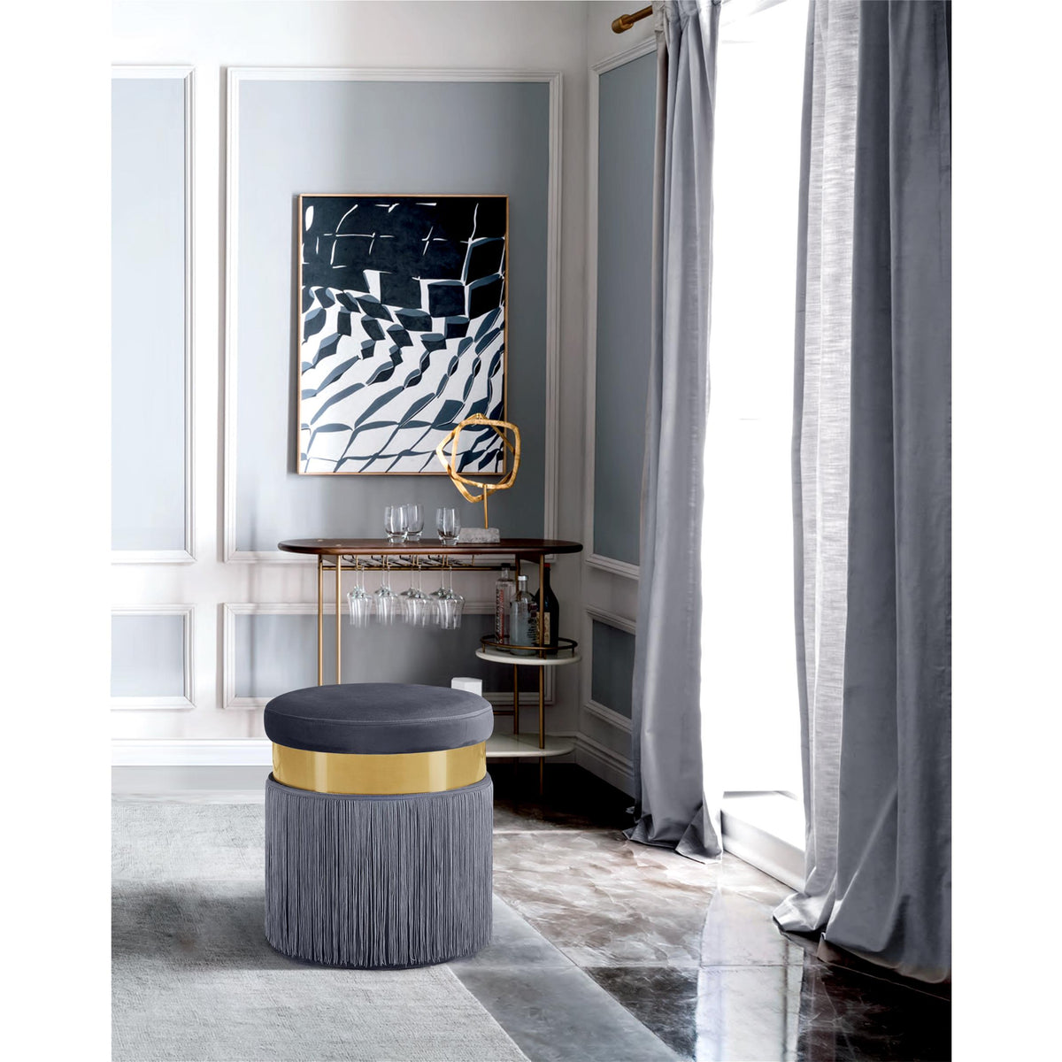 Meridian Yasmine Grey Velvet Ottoman/Stool