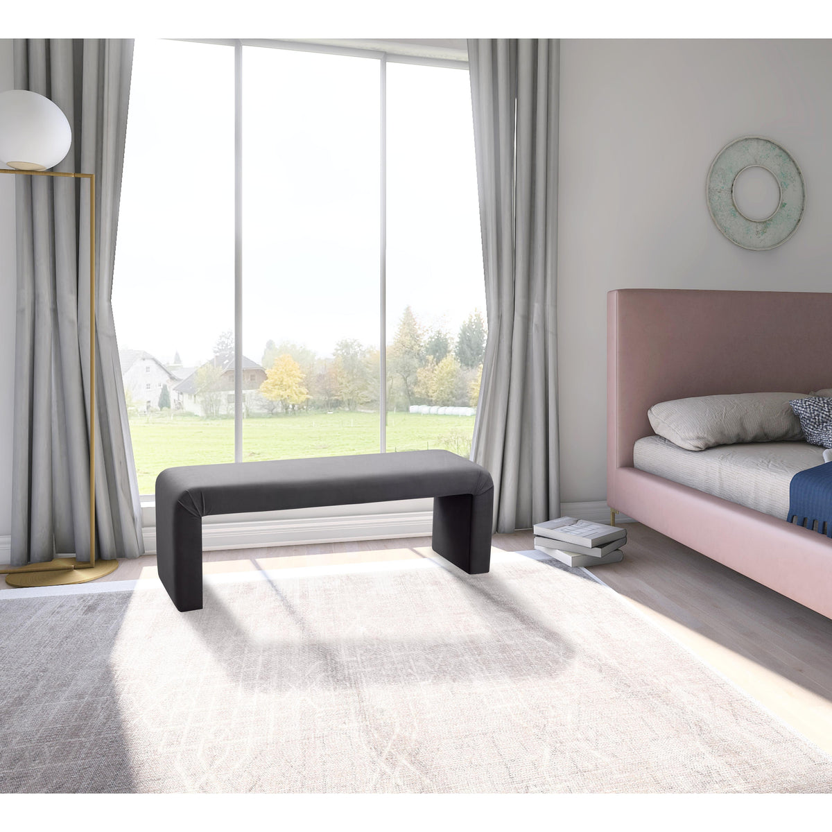 Meridian Minimalist Grey Velvet Bench