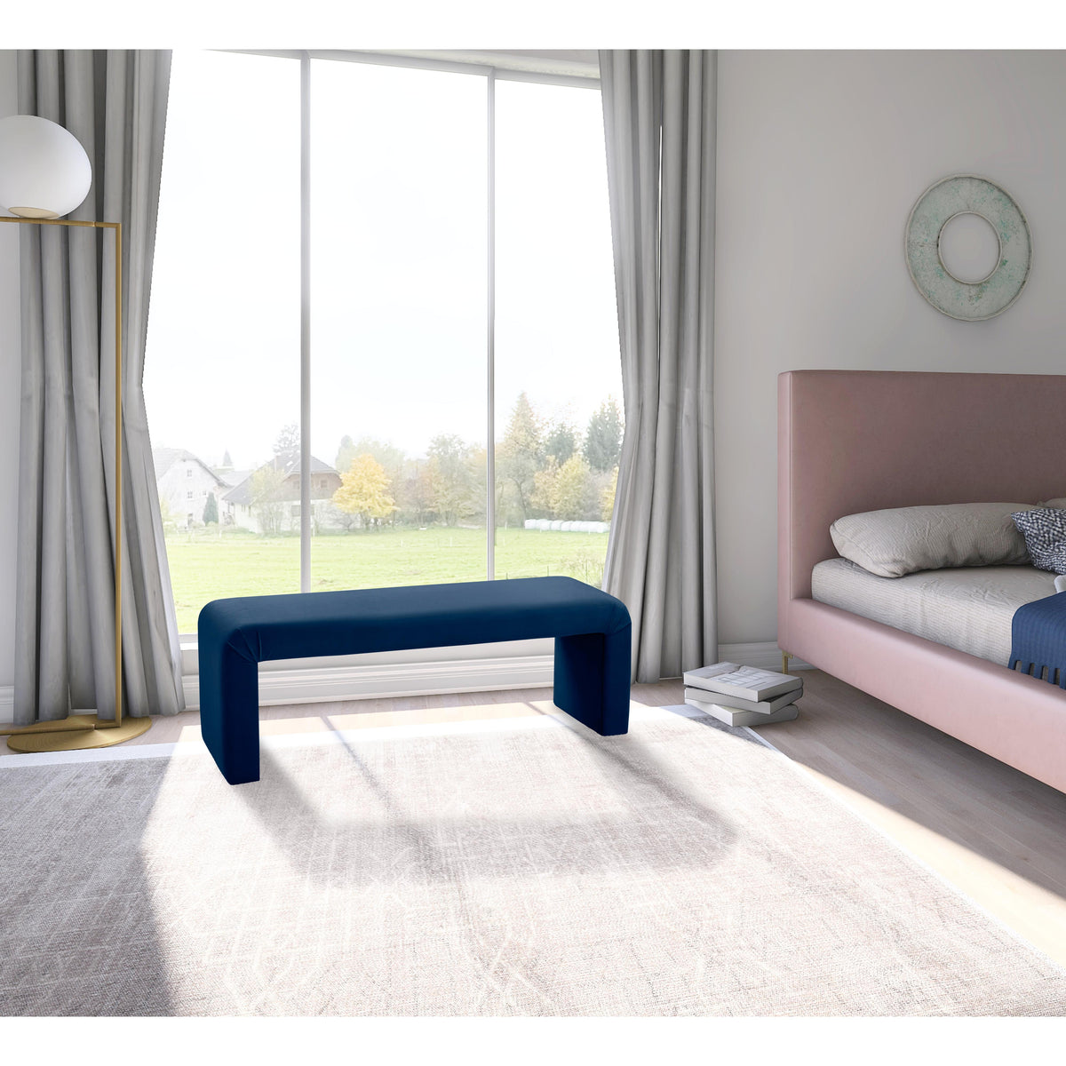 Meridian Minimalist Navy Velvet Bench