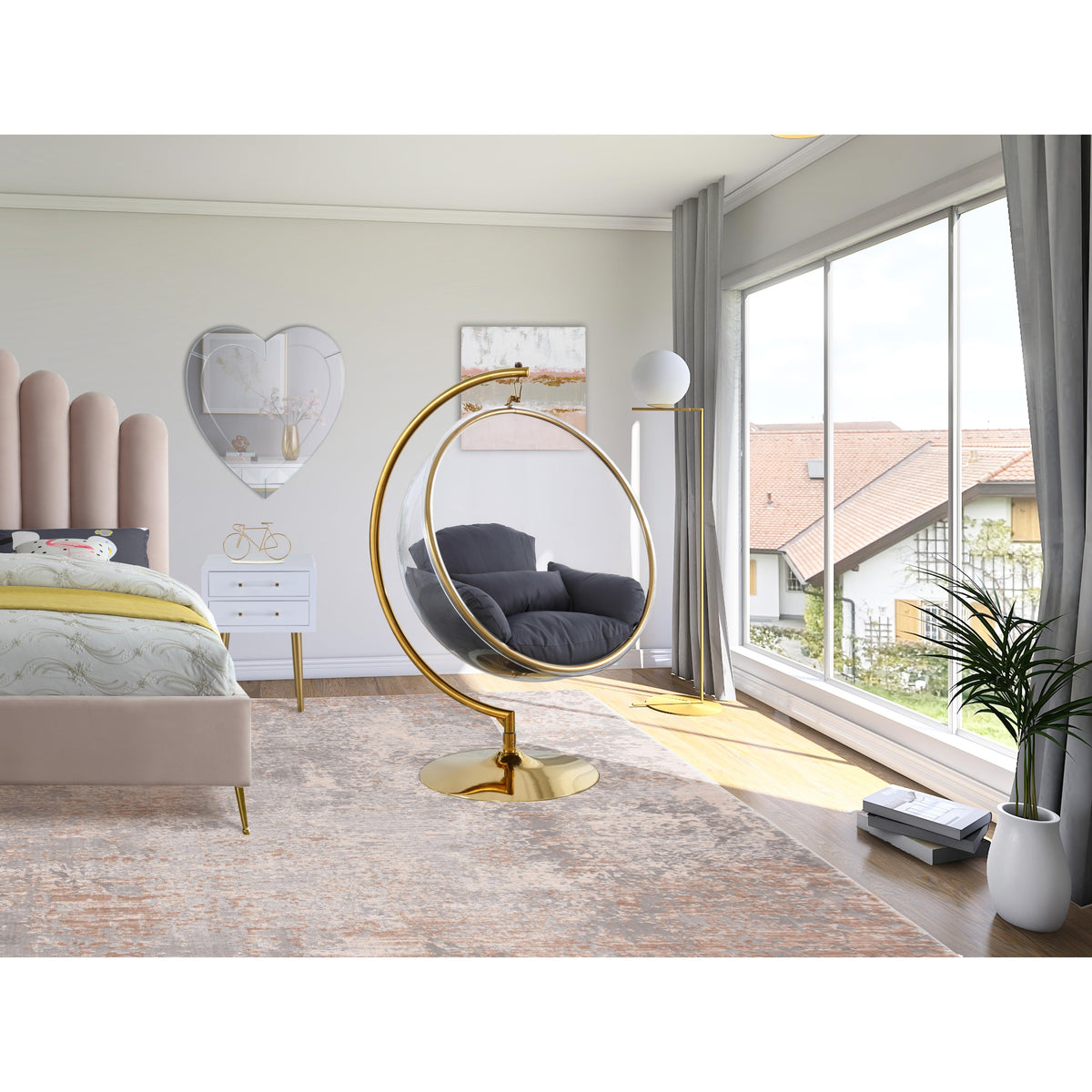 Meridian Luna Grey Fabric Acrylic Swing Bubble Accent Chair (2 Boxes)
