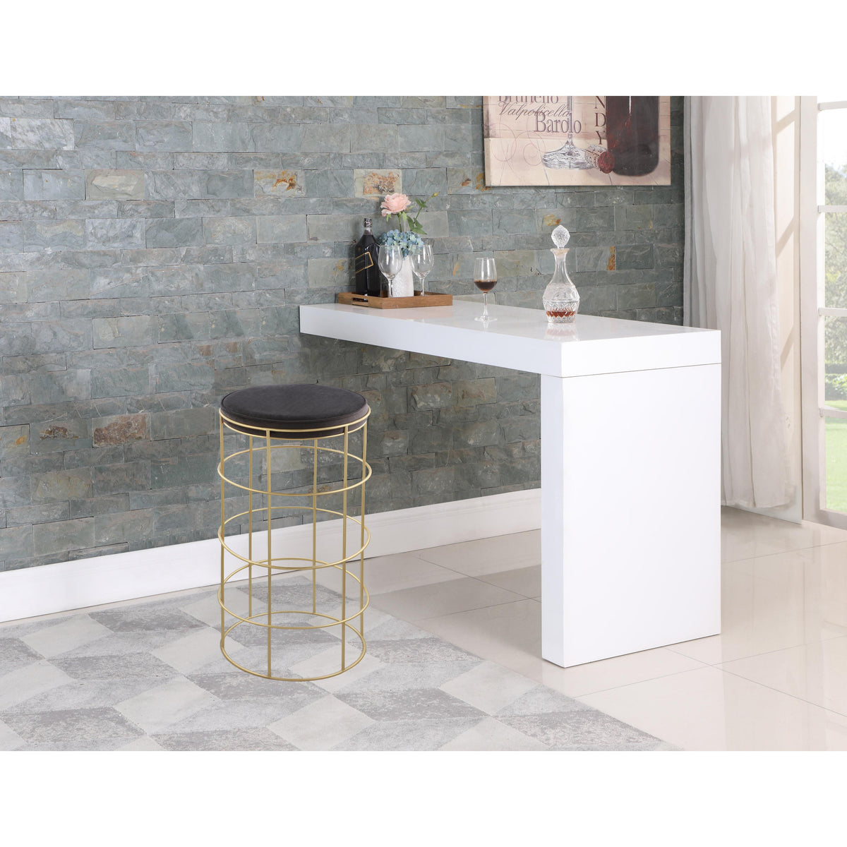 Meridian Rebar Grey Velvet Bar Stool