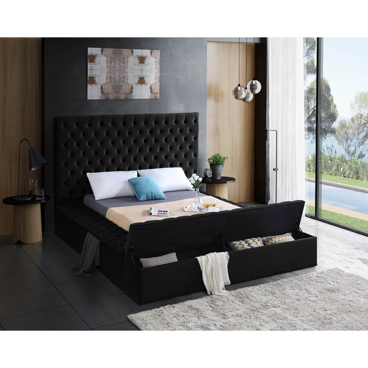 Meridian Bliss Black Velvet Queen Bed (3 Boxes)