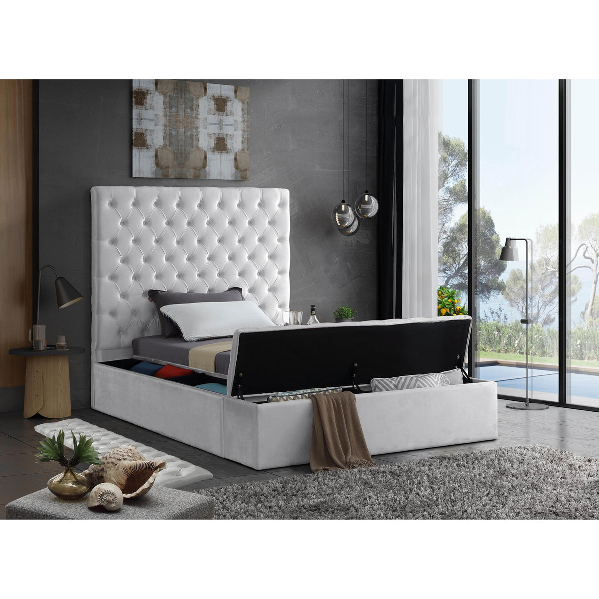 Meridian Bliss White Velvet Twin Bed (3 Boxes)