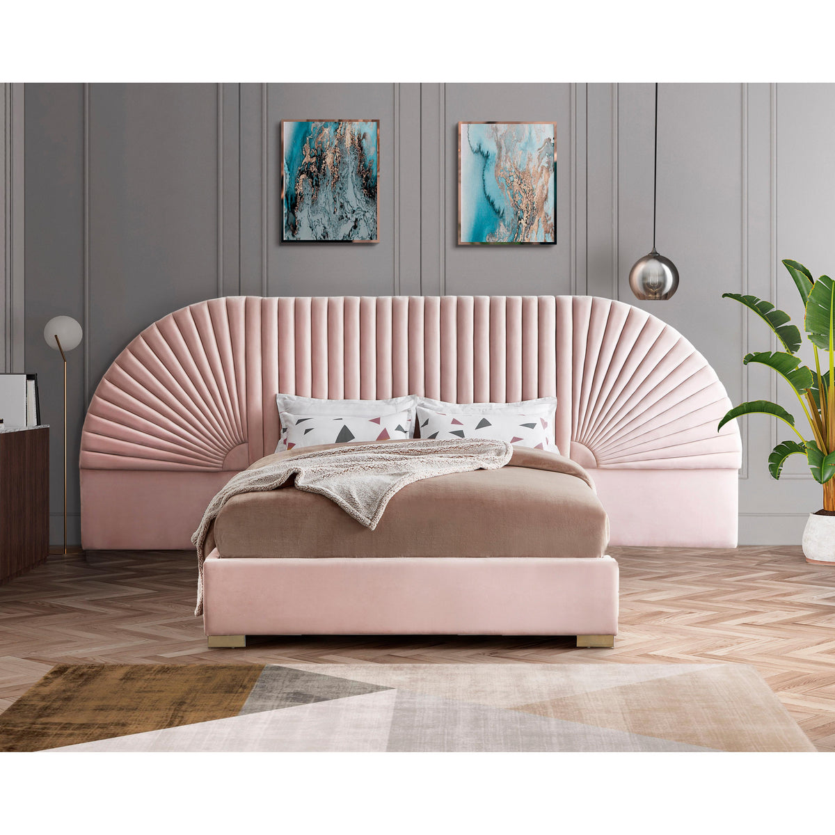 Meridian Cleo Pink Velvet King Bed (3 Boxes)