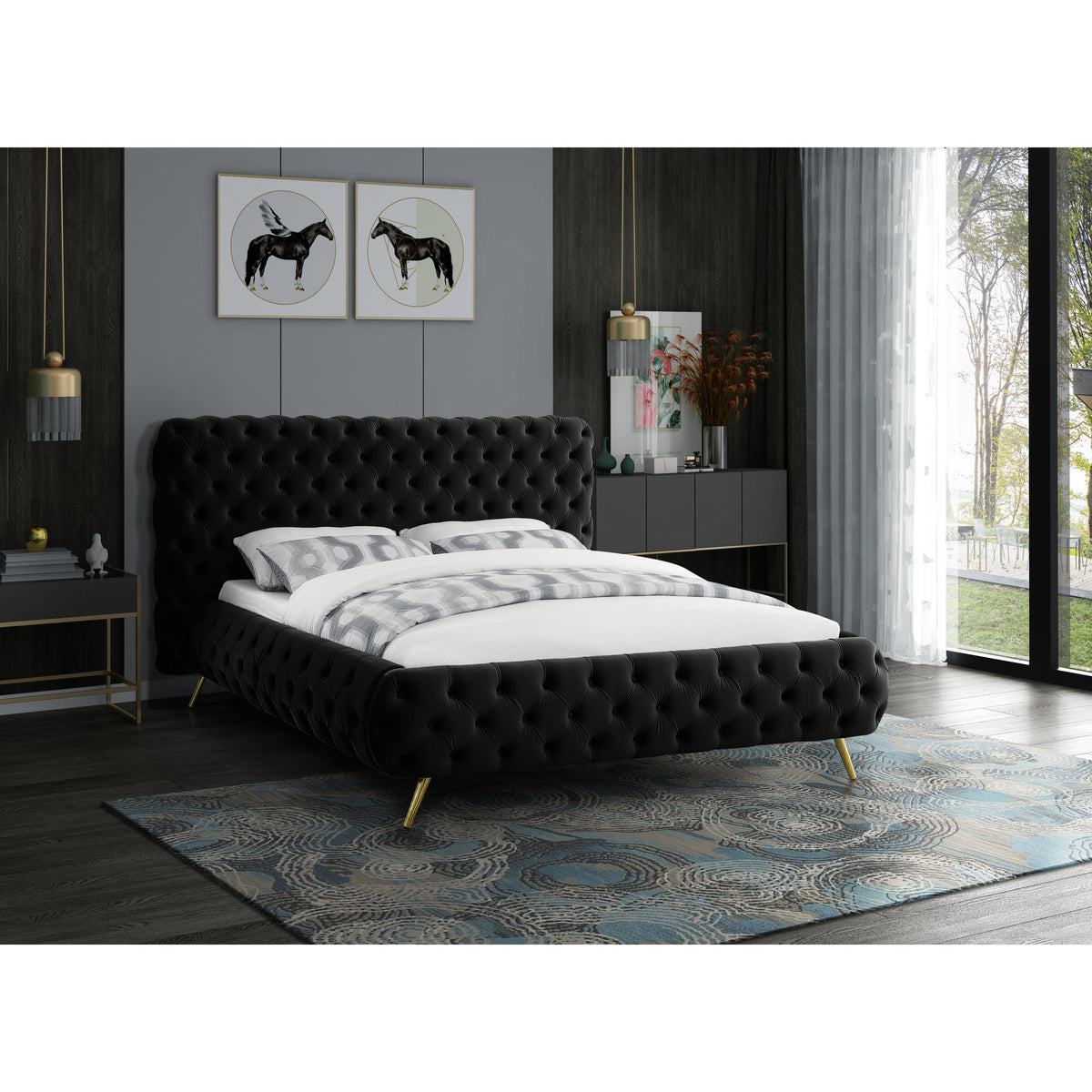 Meridian Delano Black Velvet Queen Bed