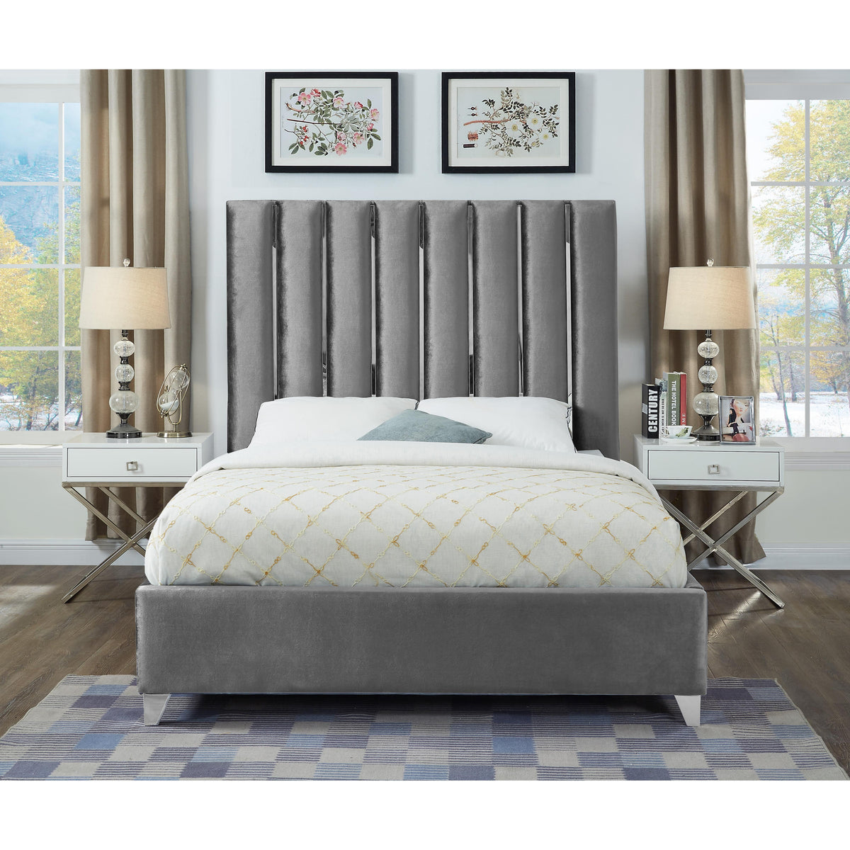 Meridian Enzo Grey Velvet Queen Bed