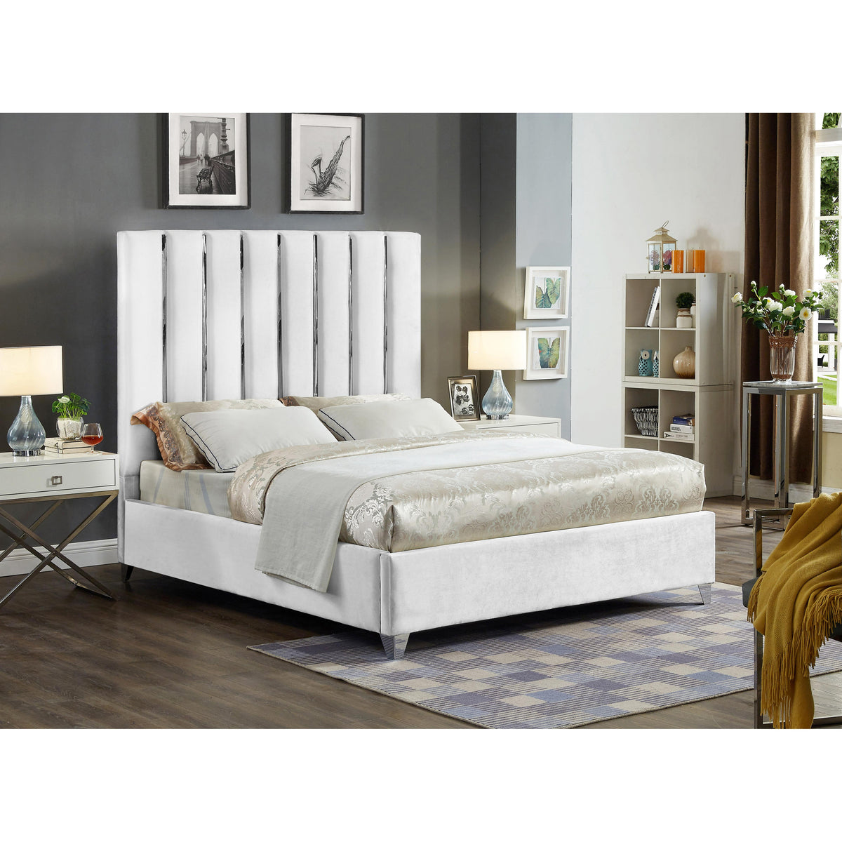 Meridian Enzo White Velvet Queen Bed